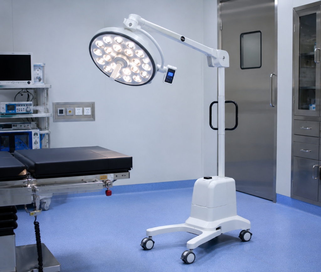 Mobile surgical light on portable stand with battery backup