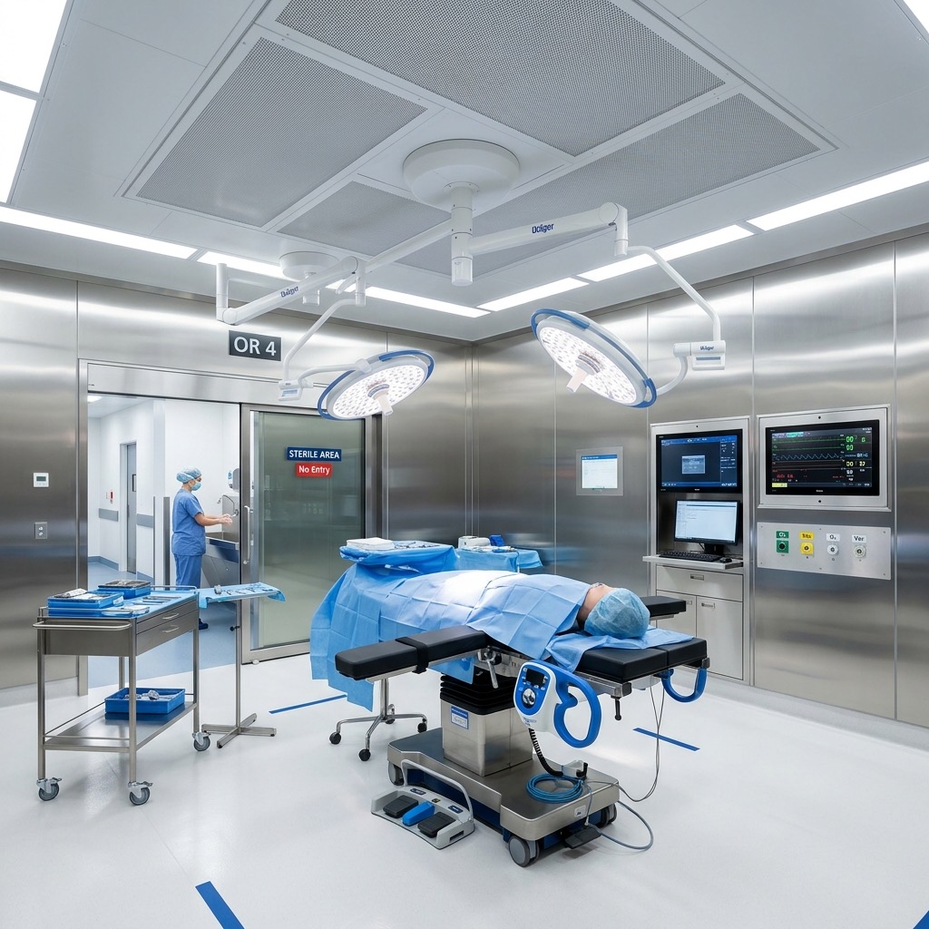 Modular OT Bedside Utility Panel with equipment mounting rails
